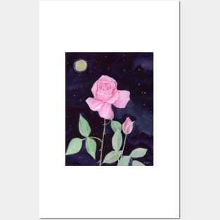 Pink Roses with a Night Sky Watercolor Mixed Media Posters and Art